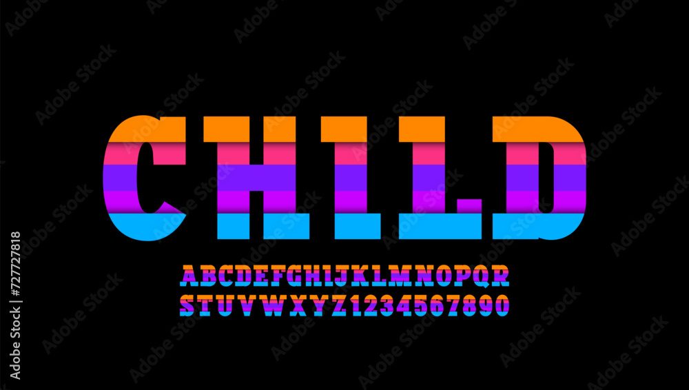 Fototapete slab serif 3d font bright alphabet, playful uppercase letters from a - z and numbers from 0 - 9, vec