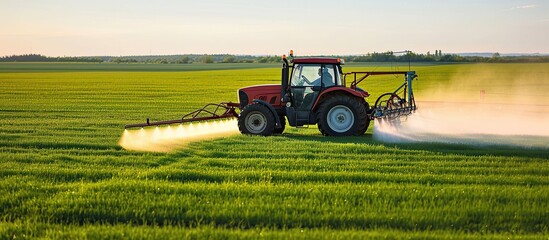 Obraz premium Tractor is spraying on green agricultural field