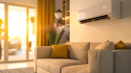 A white air conditioner hangs on the wall in a bright room and cools the room - obrazy, fototapety, plakaty
