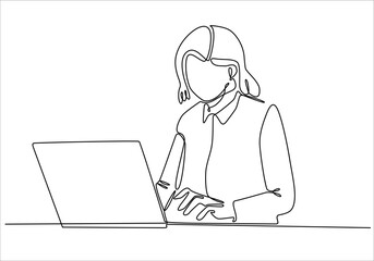 continuous line drawing professional young business woman using digital mobile phone tablet computer work and writing work plan on personal notebook isolated on white background