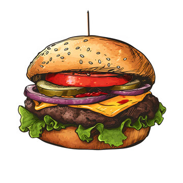 A Close-up Of A Juicy Burger With Toppings Isolated On White Background, Doodle Style, Png
