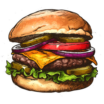 A Close-up Of A Juicy Burger With Toppings Isolated On White Background, Doodle Style, Png
