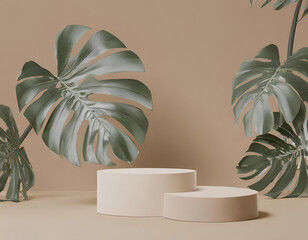 Flat stone podium with fern leaves, empty round stand for product or presentation mock-up.