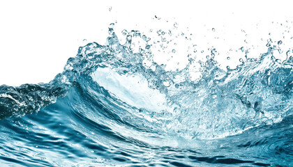 Abstract background with blue water waves, splashes and drops isolated on transparent background. 