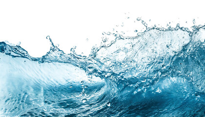 Abstract background with blue water waves, splashes and drops isolated on transparent background. 