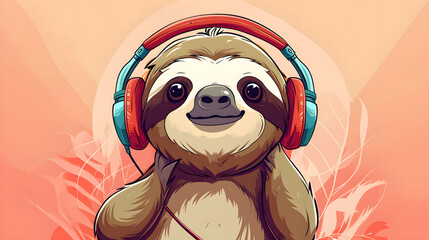 Naklejka premium Cute sloth listening to music on headphones