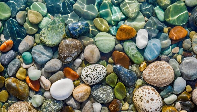 Smooth colored stones in clean water. Natural background. Flat lay