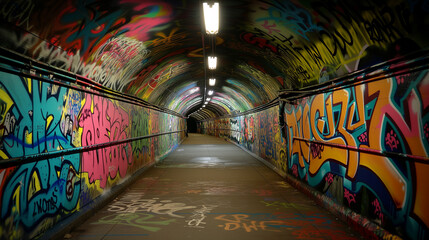 Interior of a tunnel with graffiti painted on the walls. Abstract background.