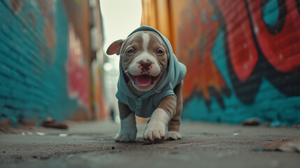 American bully puppy in a hoodie on a brick wall background. - obrazy, fototapety, plakaty