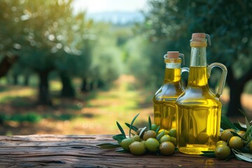 Oil dispensers on wooden table full of freshly picked olives with olive grove in the background 