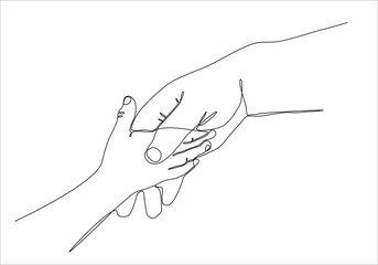 Continuous line drawing. the parent holds the hand of a small child. Display of small children holding adult finger.