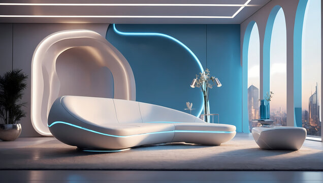 An Empty Room With Sleek, Futuristic Furniture, Cutting-edge Technology, And Ambient Lighting In A Modern 3D Render.