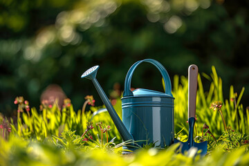 Spring gardening. A garden watering can and a shovel stand in the grass in the garden