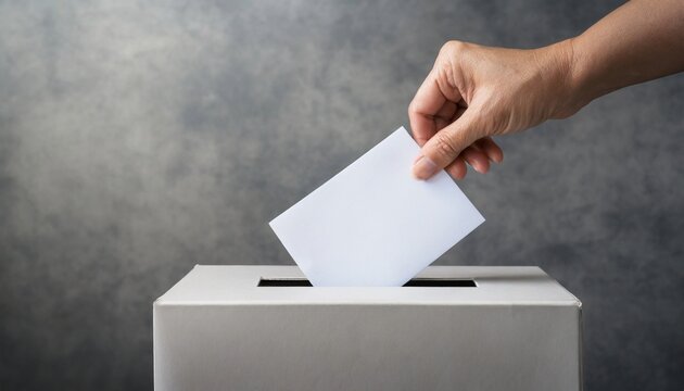 Hand putting blank white vote paper in ballot box. Presidential election
