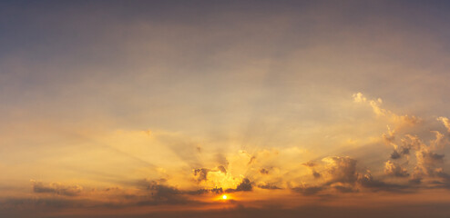 cloudy golden hour sky and sunrising with silver lining nature panorama background