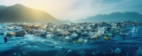 A lot of plastic bottles and other waste materials floating on the surface of the sea. Plastic pollution theme