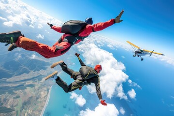 Skydiving friends having fun. Plane in the background. 