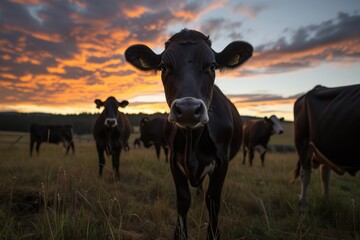 Some cows outdoor at sunset getting ready for the night. 