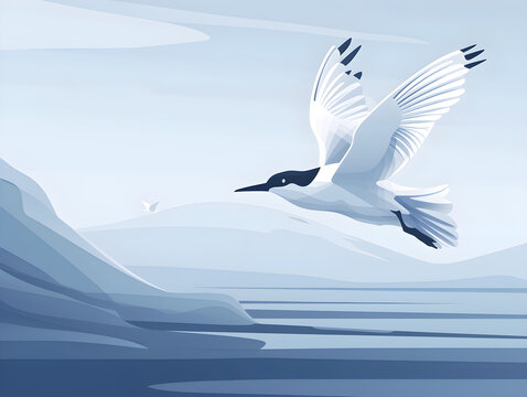 Majestic Seabirds in Flight Over Tranquil Waters - Detailed Nature Illustration with White and Grey-Blue Tones, Concept of Freedom and Serenity in Wildlife