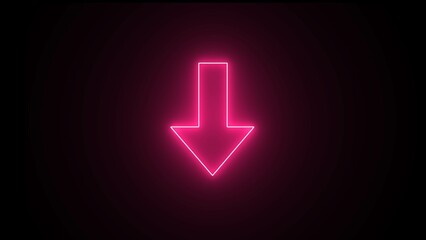 Neon arrow symbol icon. Black Background with arrow direction down.  Directional sign. neon arrow sign