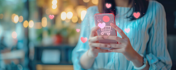 Women using a social media marketing concept on mobile smart phone with notification icons of love, message, comment, chat, email and shopping cart smartphone hologram screen