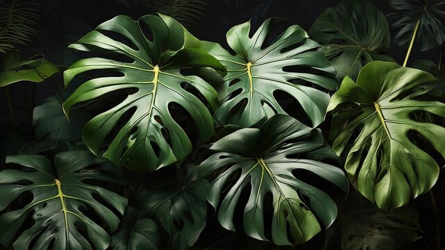 Fototapeta Lush green monstera leaves, vibrant and detailed, ideal for natural themes, wall art, or backgrounds in design projects. High quality image