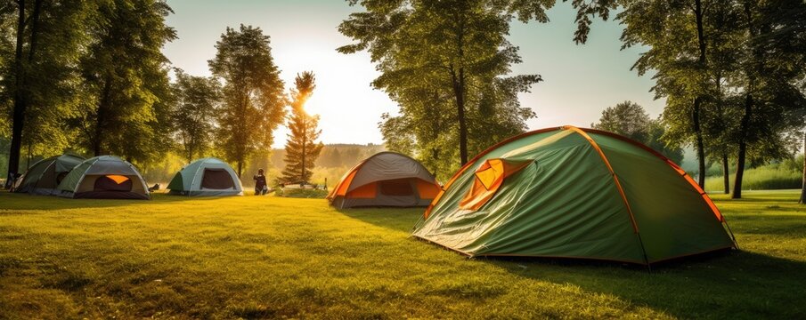 Tents at amazing camping site in the forest near the lake. Camping theme.