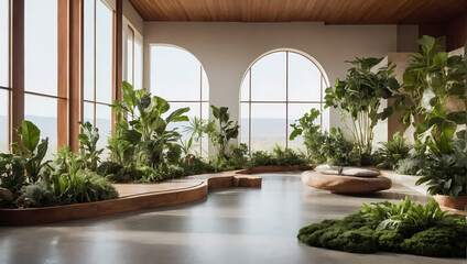 Incorporates natural elements, such as indoor plants, natural light, and organic materials, fostering a connection with nature.