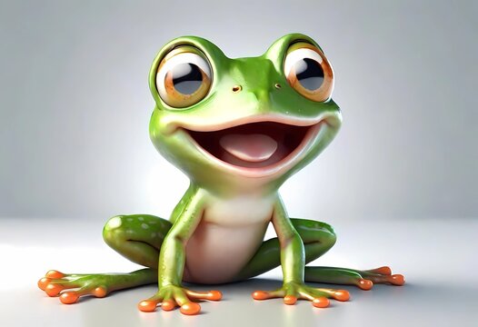 A Adorable 3d rendered cute happy smiling and joyful baby frog cartoon character on white backdrop