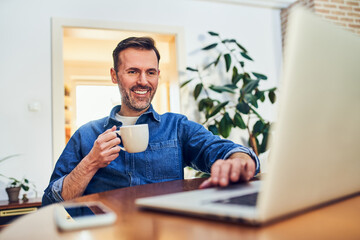Carefree adult man using laptop at home browsing internet - obrazy, fototapety, plakaty