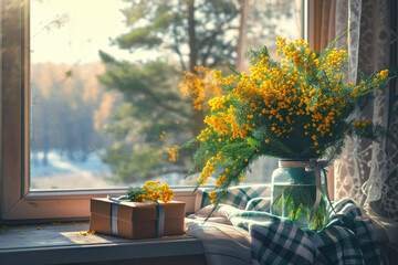 spring bouquet of mimosa in a vase on the windowsill and a gift for Women's Day with a spring landscape outside the window - obrazy, fototapety, plakaty