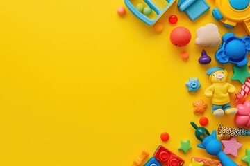 Top view of a group of colorful toddler toys disposed at the left side of the image leaving a useful copy space at the right on a yellow background. - obrazy, fototapety, plakaty