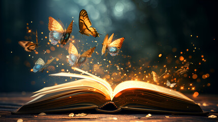 fairytale mystical open book with butterflies and golden light, generative ai - obrazy, fototapety, plakaty