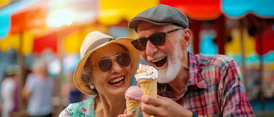 Elderly couple senior couple at amusement park, Taking pictures with ice cream, have fun, daylight clear sky, elderly lifestyle, ultrawide 21:1 picture for use background cover or ads