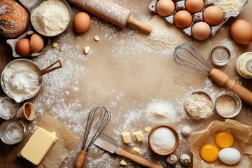 Top view of various bakery ingredients and items 