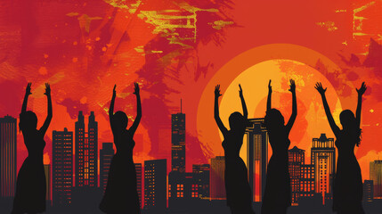 silhouettes of empowered women with their hands raised, set against a backdrop of a bustling city at night background