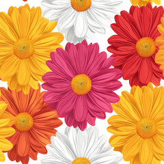illustration motifs r&eacute;p&eacute;titif, tiles, papier peint, marguerites color&eacute;es, blanc, jaune, rose, rouge, orange