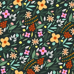 Abstract seamless pattern with blooming flowers and leaves.natural illustration with  flowers background.