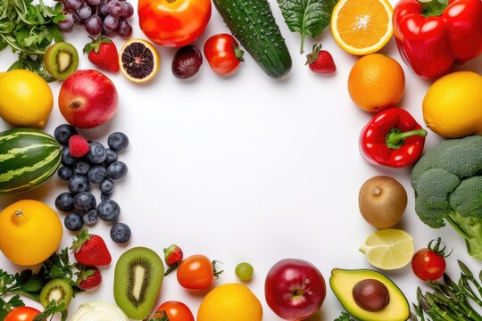 Top view of various multicolored fruits and vegetables disposed at the borders of the image on a frame