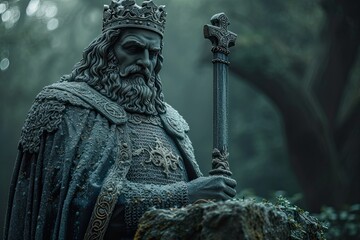 King Arthur statue pulling out excalibur from the stone. - obrazy, fototapety, plakaty