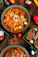 Traditional soup borscht in bowl.