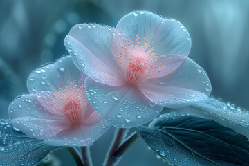 gros plan , macro, fleurs blanche et rose, transparentes, gouttes d'eau, pluie, rosée, bokeh, bleu, feuilles, pistils, pollen