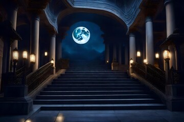 Nighttime fantasy scenario in a palace with marble staircases under a full moon
