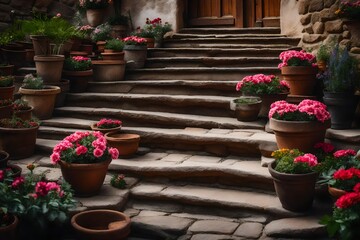 Fototapeta na wymiar Old rustic stone steps decorated by flower pots