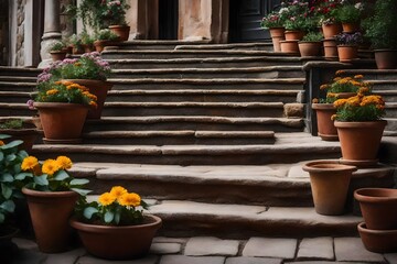 Fototapeta na wymiar Old, rustic stone steps with flower pot decorations