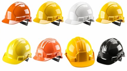 set collection of fireman and hard safety orange or yellow helmet cap hat in different color styles for construction sites, isolated on white png transparent background