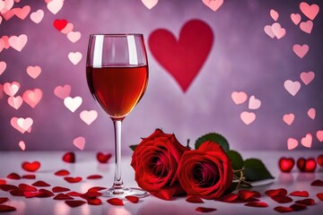 Fototapeta na wymiar Valentines wine and rose, heart background
