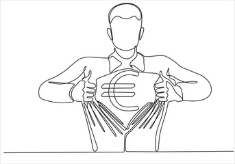 continuous line drawing of a superhero business man tearing his shirt showing the chest of his costume underneath with a euro sign vector illustration