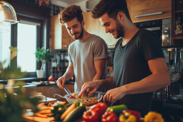 Young male gay couple preparing lunch and cooking together at home