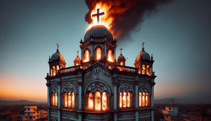 Fototapeta na wymiar Christian church set on fire and burning.Arson is committed because empty churches are a soft target, or due to excommunication, racial hatred, pyromania, prejudice against certain religions